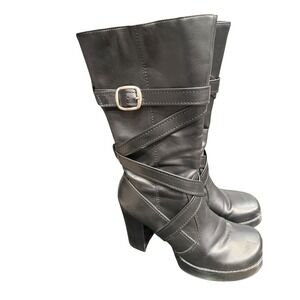 Y2K Skechers Strappy Moto Boots Black Leather Chunky Heel Mid Calf Bratz Grunge